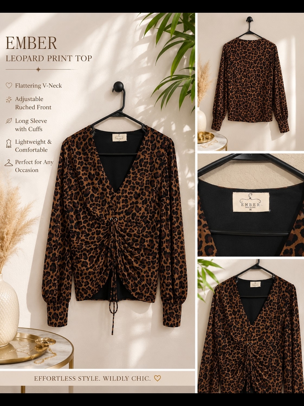 Leopard Print V-Neck Ruched Top - Brown/Black
